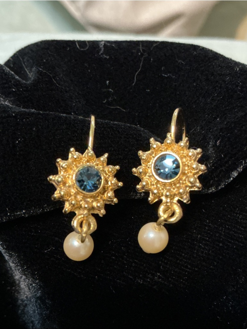 Gold Sunburst Drop Earrings with Blue Crystal and Pearl Accent